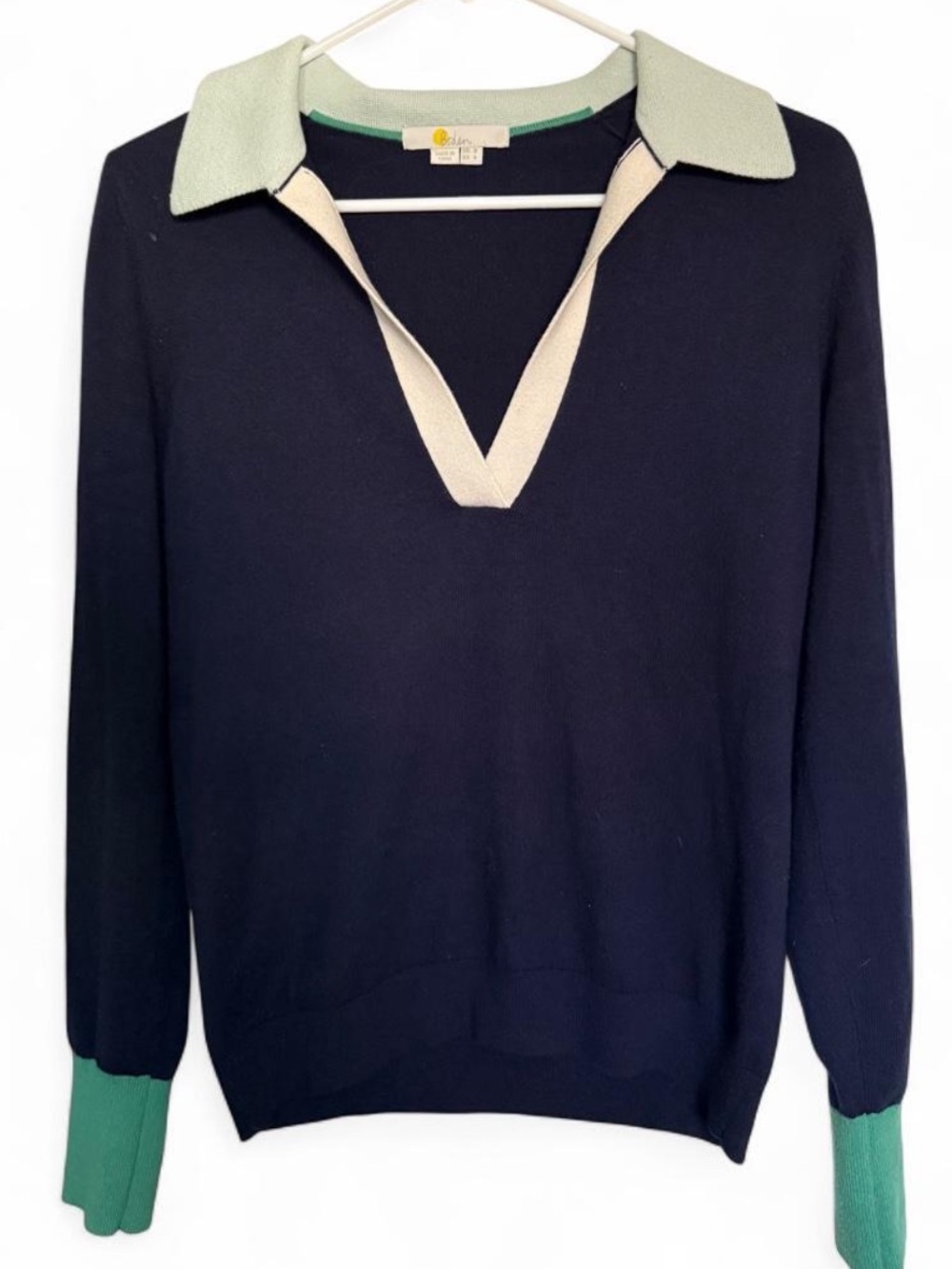 Boden V-Neck Polo Henley Sweater Wool Cotton Blend Size 4 Navy Green Preppy - Picture 4 of 8